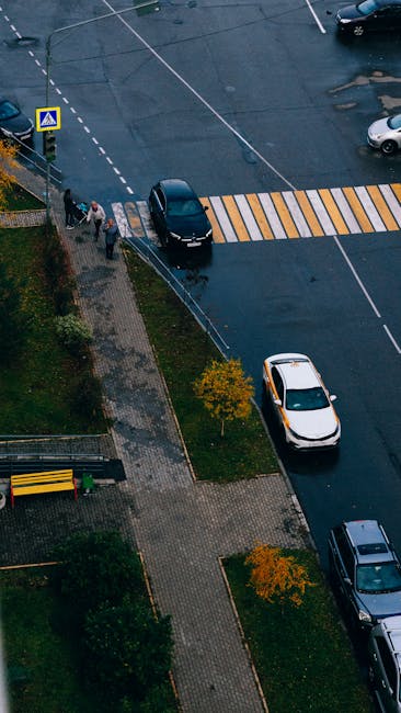 An aerial view showing a street intersection with a pedestrian crossing marked by yellow and black stripes. A black van, possibly used for home relocation services by Man with Van Crossness, is parked near the crossing with its rear doors open. Several cardboard boxes, wrapped in plastic or fabric, are being loaded or unloaded from the van onto the pavement. Two individuals are standing near the van, one appearing to assist with the loading process, while another person stands nearby. The sidewalk is lined with small trees and shrubs, some with yellow leaves indicating autumn. Surrounding vehicles are parked along the street, which includes a mixture of cars of different sizes parked both on the pavement and on the road. The scene captures a typical moving or packing operation, illustrating the logistics involved in furniture transport and packing during a household move, aligning with the services provided by Man with Van Crossness.