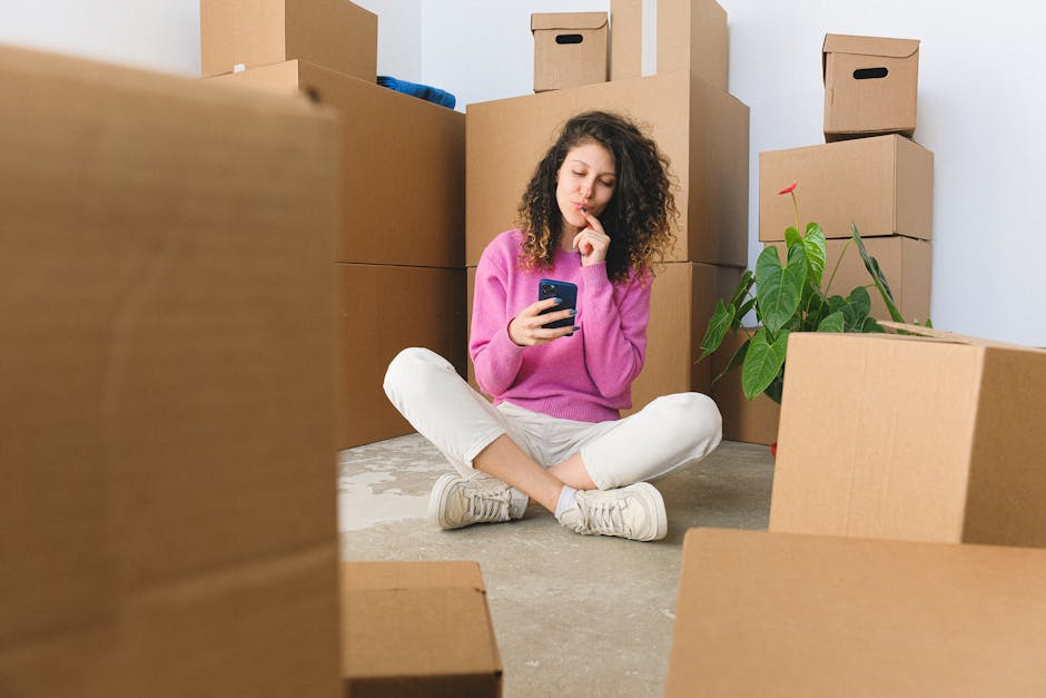A young woman with curly brown hair sits cross-legged on a concrete floor inside a room surrounded by stacked cardboard boxes of various sizes, some sealed with packing tape and others open. She is wearing a pink sweater, white pants, and beige sneakers, and is holding a smartphone in her right hand while placing her left index finger on her lips in a thoughtful pose. Nearby, there is a green potted plant with large leaves and a tall box partially obstructs the view in the foreground. The scene depicts a home relocation scenario where packing and moving preparations are underway, and the woman appears to be checking or managing her moving plans. The environment is well-lit with natural light, and [COMPANY_NAME] is involved in logistics and furniture transport, aligning with their removals service category as seen on the website 'manwithvancrossness.co.uk'.
