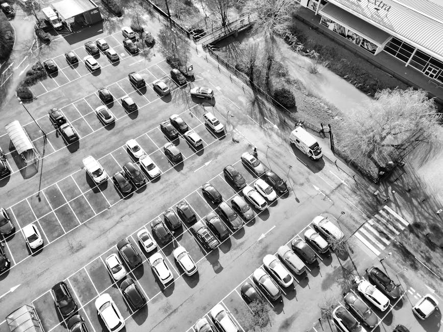 An aerial view of a large parking lot filled with numerous parked cars arranged in neat rows, with clear white lines marking each parking space. The lot has some empty spaces, and cars of various sizes and models are parked throughout. A white van is visible near the edge of the lot, close to a pedestrian crossing marked by white stripes on the road. Surrounding the parking area are trees with bare branches, casting shadows on the ground, and a building with modern architecture is visible at the top right of the image. The scene is captured in daytime with natural lighting, showing an organized environment suitable for vehicle parking, relevant to home and business relocations that involve parking logistics, and is associated with professional removals services like those offered by Man with Van Crossness.